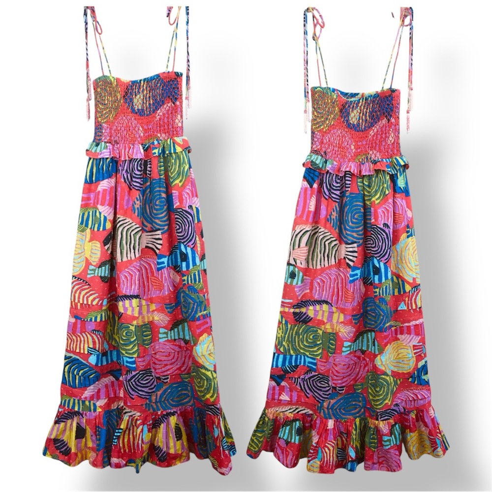 FARM RIO White Beaded Fishes Smocked Maxi Dress - Sea of Fish - Picture 3 of 11